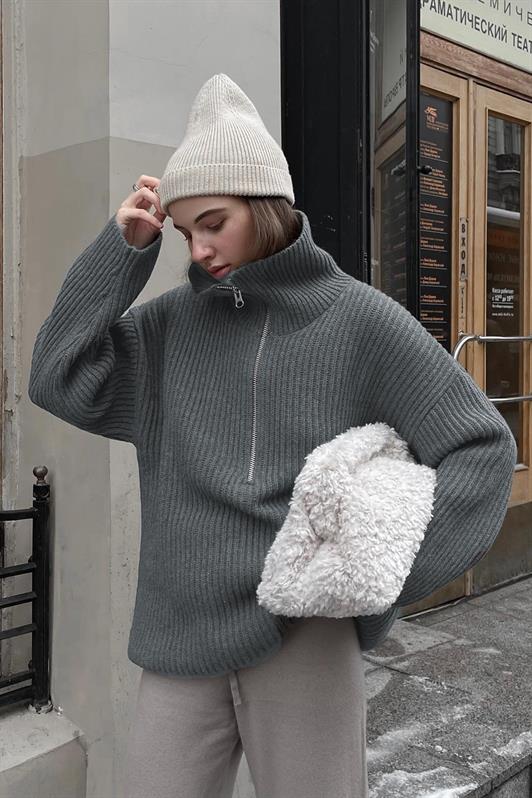 MDX Anthracite Zip Neck Oversized Sweater MG1946 - Thousand Oaks