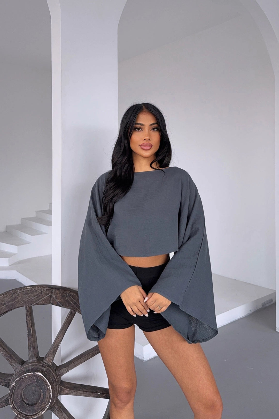 Anthracite Wide Neck Batwing Sleeve Muslin Fabric Linen Blouse BCBT-251003 - Dudley