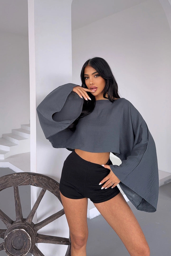 Anthracite Wide Neck Batwing Sleeve Muslin Fabric Linen Blouse BCBT-251003 - Dudley