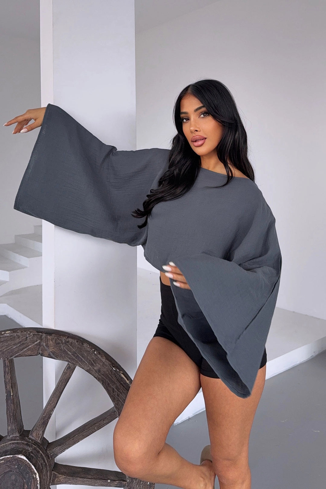 Anthracite Wide Neck Batwing Sleeve Muslin Fabric Linen Blouse BCBT-251003 - Dudley