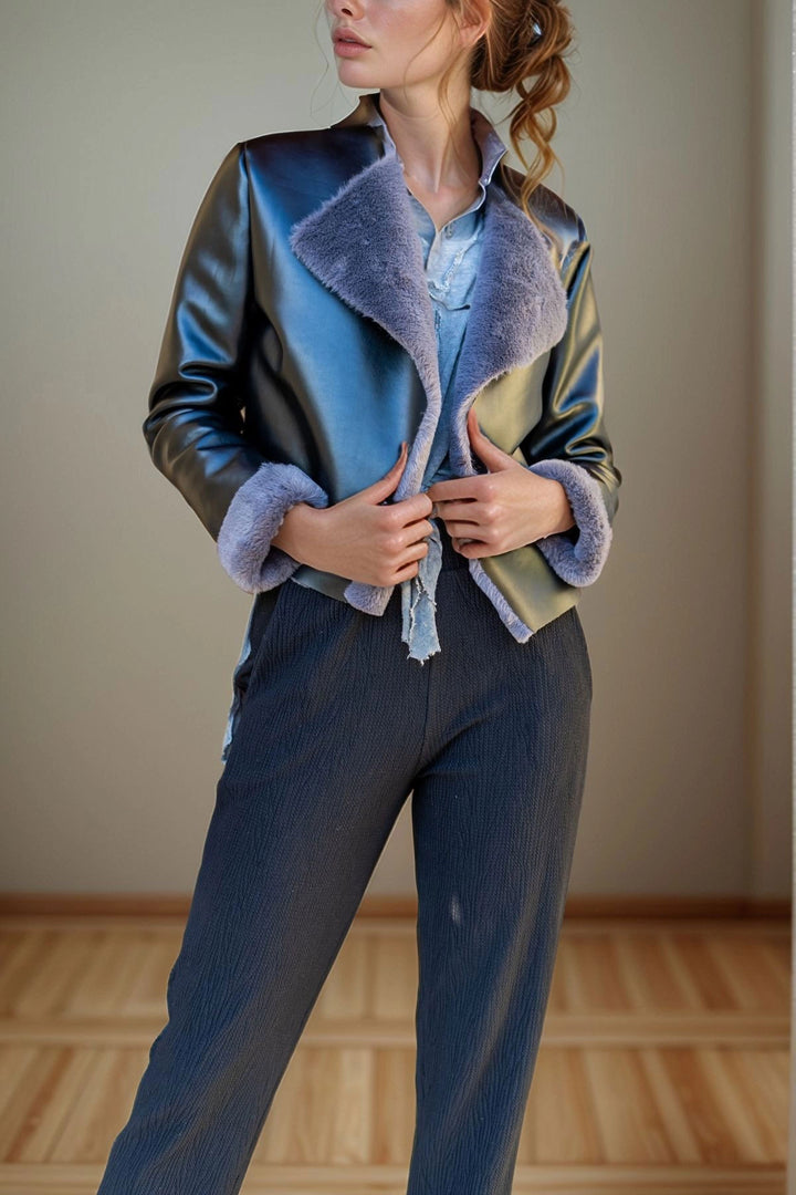 Anthracite Fur Lined Leather Crop Jacket BCBSK-25700-3301 - Delmenhorst