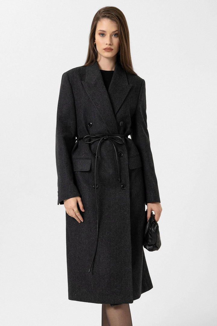 ANT Antioch Anthracite Women's Herringbone Patterned Double-Breasted Coat - Ferrara