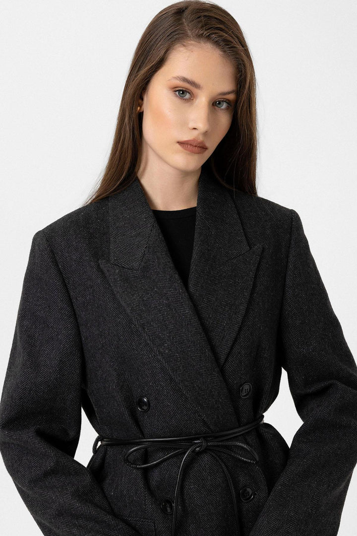 ANT Antioch Anthracite Women's Herringbone Patterned Double-Breasted Coat - Ferrara