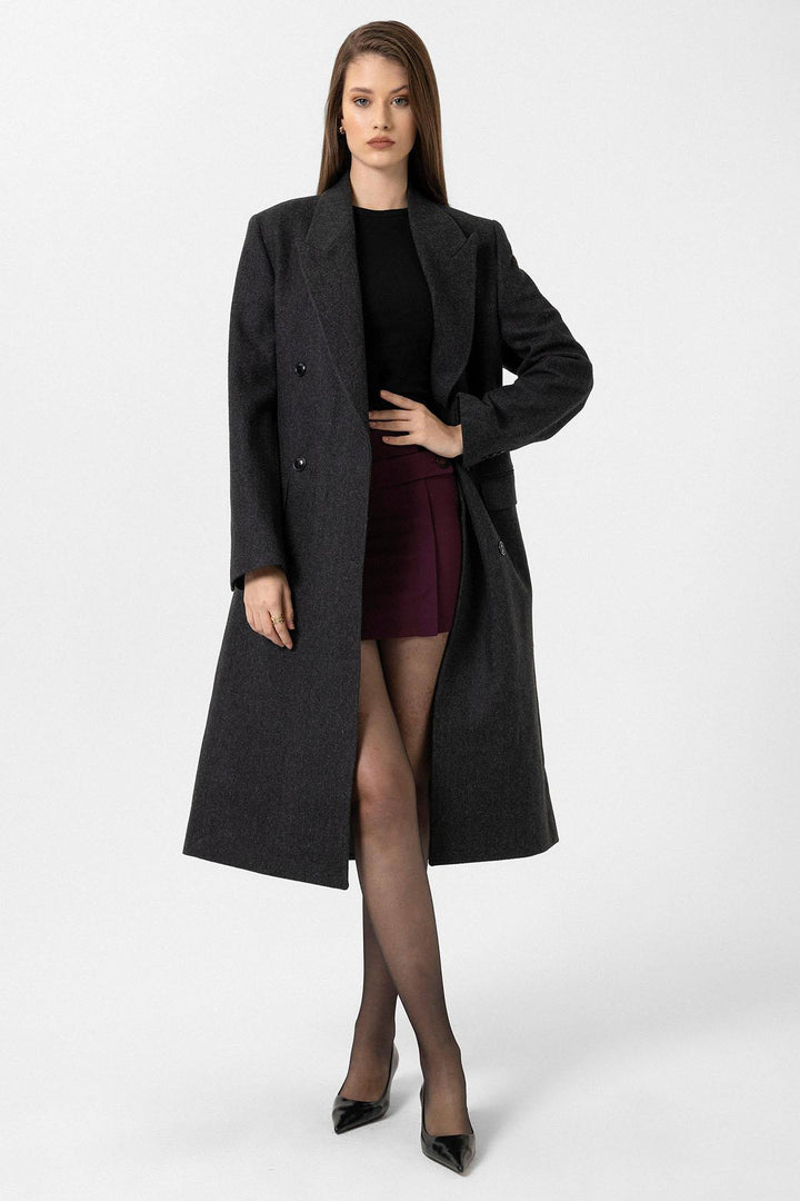 ANT Antioch Anthracite Women's Herringbone Patterned Double-Breasted Coat - Ferrara