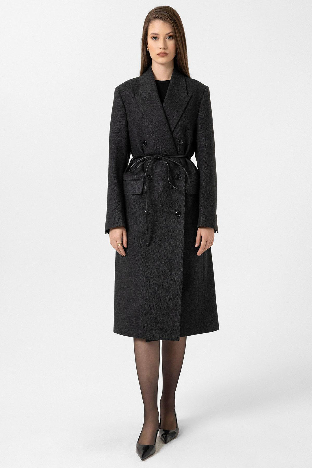 ANT Antioch Anthracite Women's Herringbone Patterned Double-Breasted Coat - Ferrara