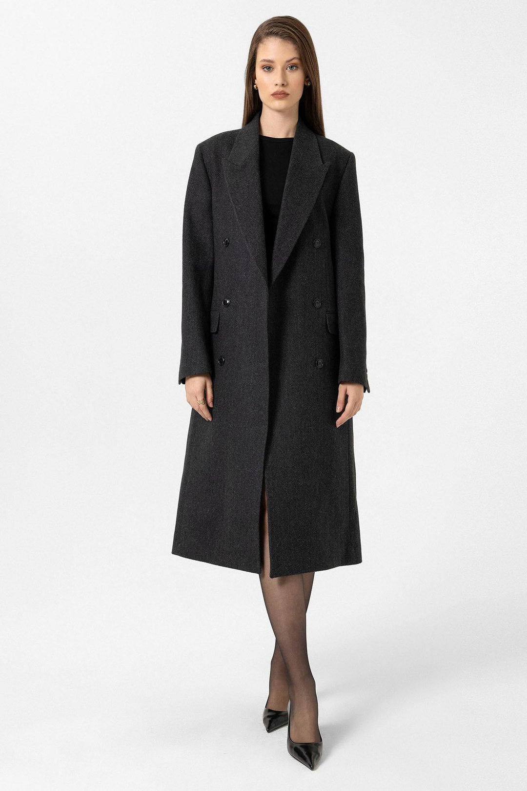 ANT Antioch Anthracite Women's Herringbone Patterned Double-Breasted Coat - Ferrara