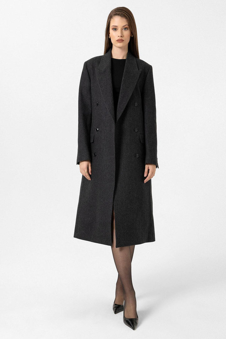 ANT Antioch Anthracite Women's Herringbone Patterned Double-Breasted Coat - Ferrara