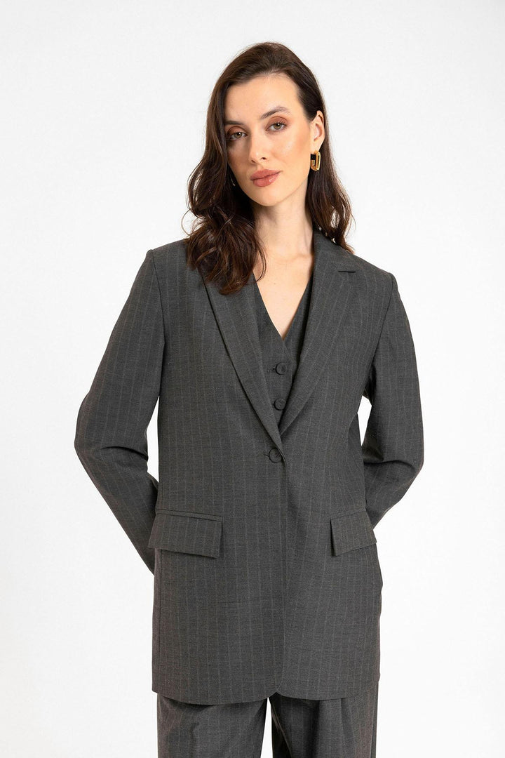 ANT Antioch Anthracite Women's Single Button Striped Blazer Jacket - Little Rock