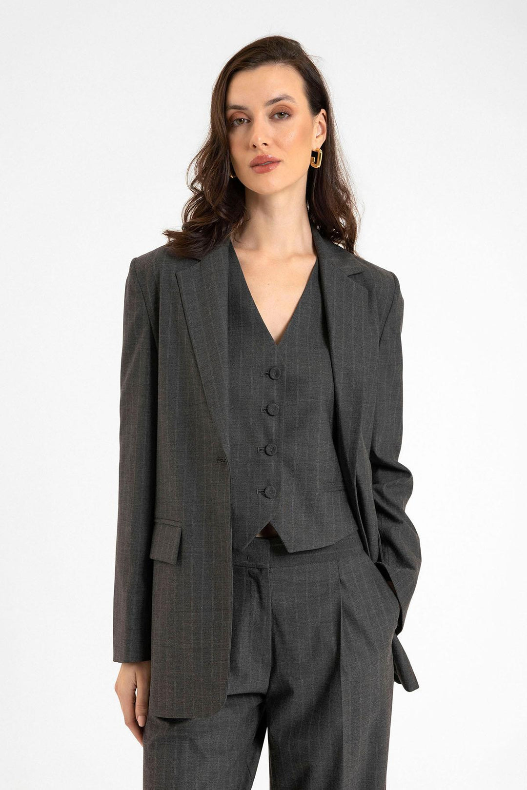 ANT Antioch Anthracite Women's Single Button Striped Blazer Jacket - Little Rock