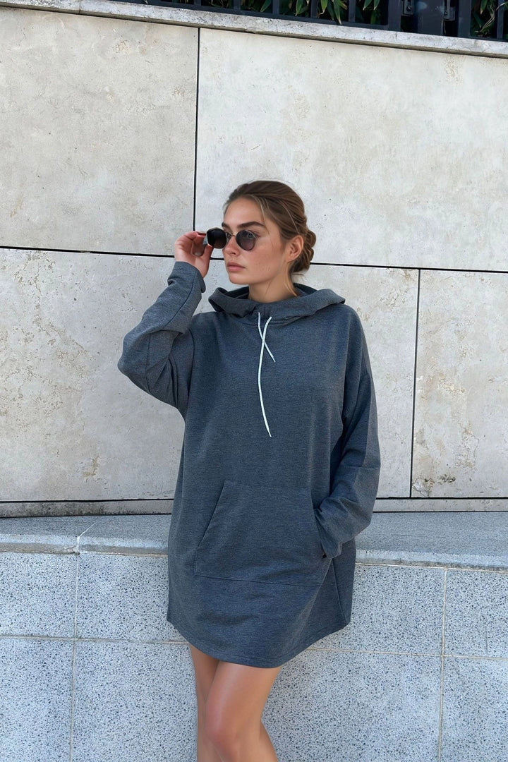 Anthracite Hooded Kangaroo Pocket Long Slouchy Sweatshirt BCBSK-25700-3476 - Andújar