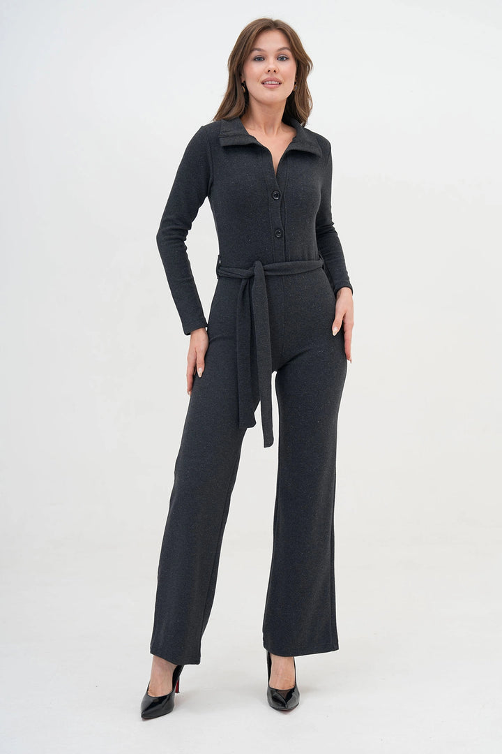 Anthracite Polo Neck Buttoned Belted Knitted Jumpsuit BC24YG1099 - Clifton
