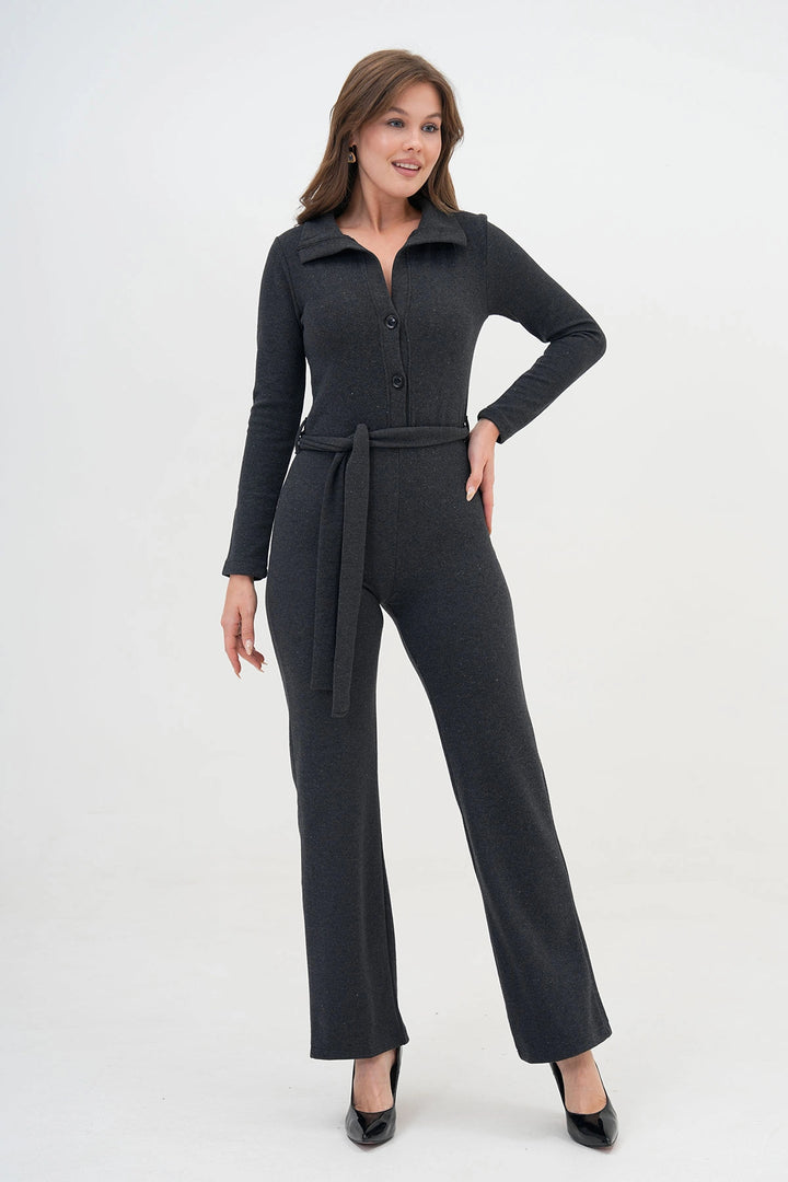 Anthracite Polo Neck Buttoned Belted Knitted Jumpsuit BC24YG1099 - Clifton