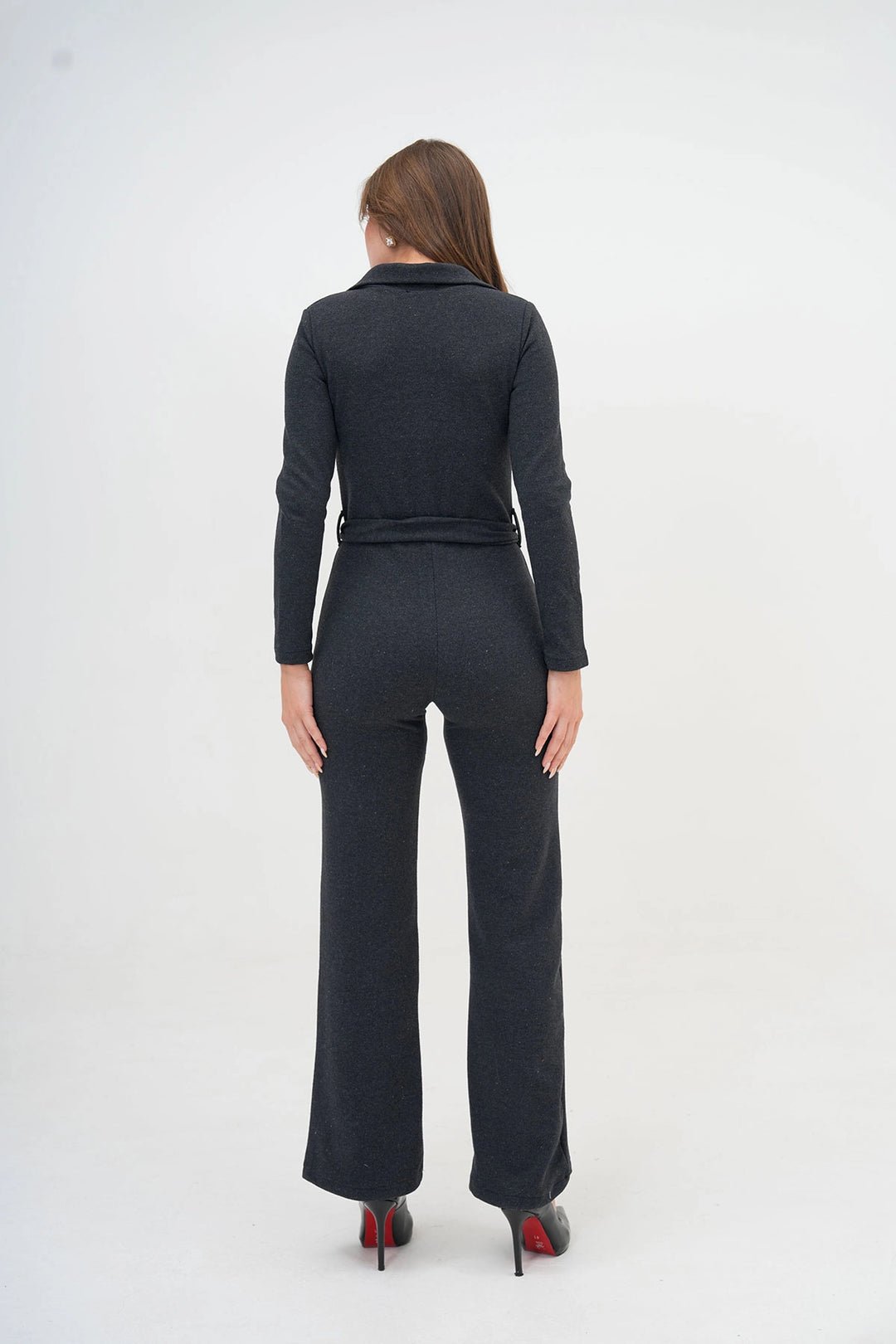 Anthracite Polo Neck Buttoned Belted Knitted Jumpsuit BC24YG1099 - Clifton