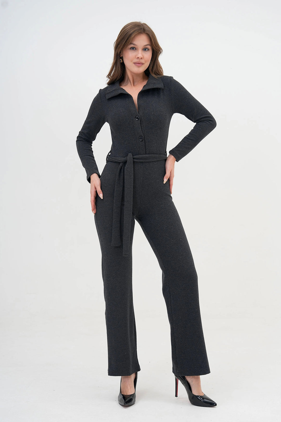 Anthracite Polo Neck Buttoned Belted Knitted Jumpsuit BC24YG1099 - Clifton