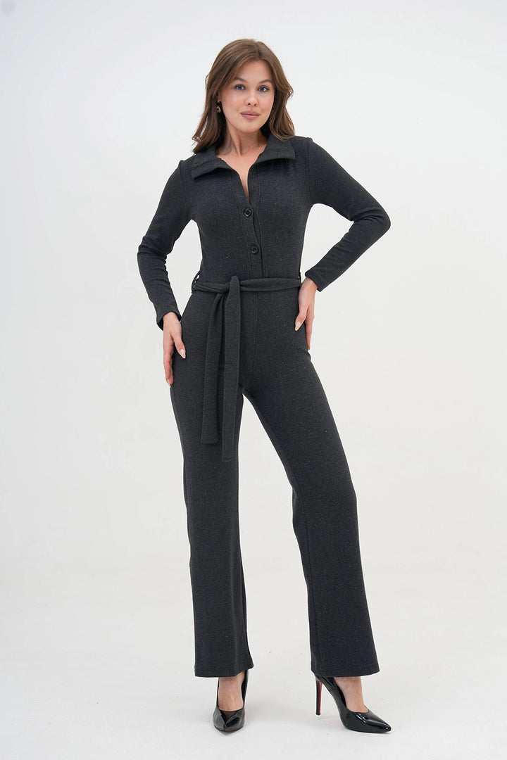 Anthracite Polo Neck Buttoned Belted Knitted Jumpsuit BC24YG1099 - Clifton