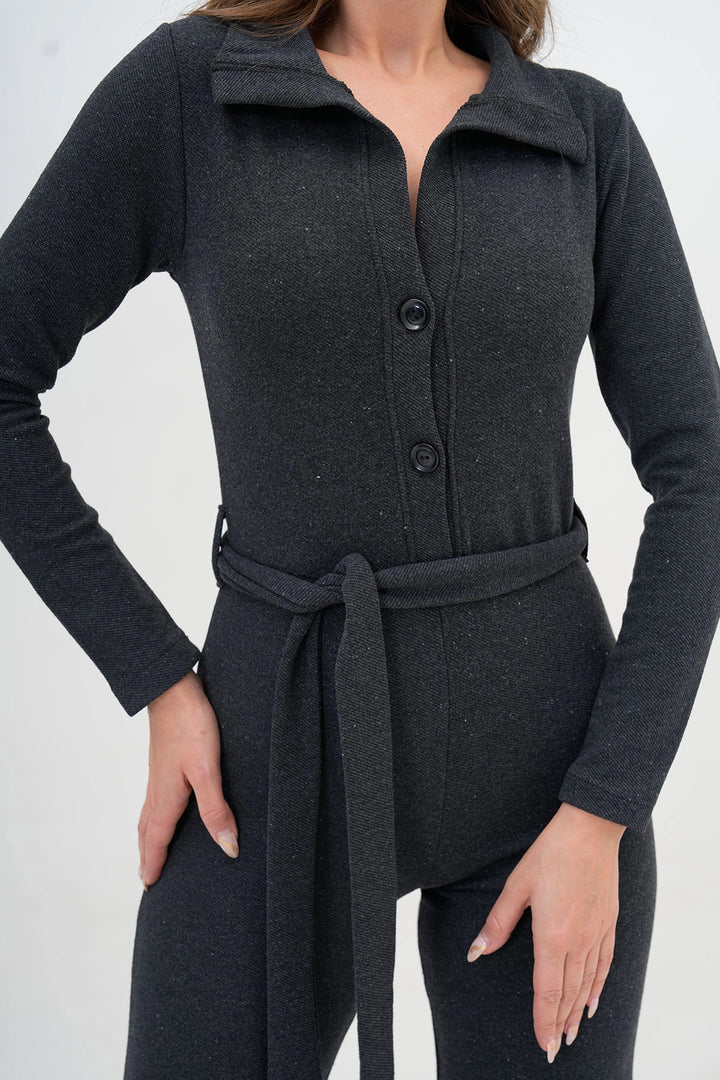 Anthracite Polo Neck Buttoned Belted Knitted Jumpsuit BC24YG1099 - Clifton