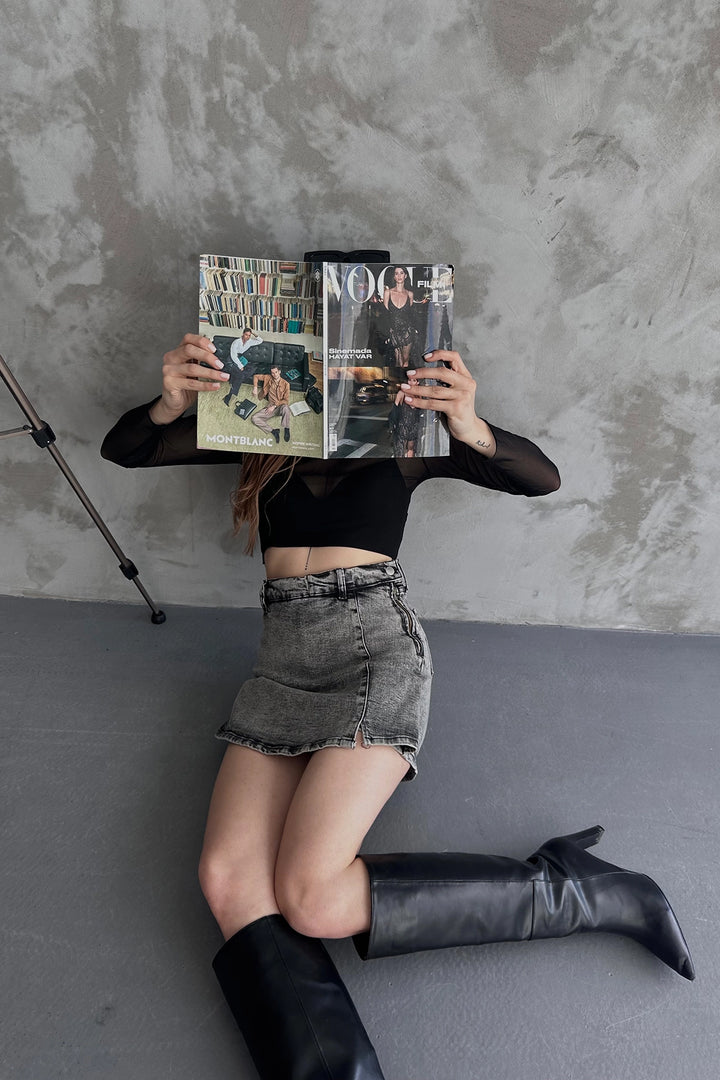 Anthracite Slit Detailed Denim Shorts Skirt BCDF-243309 - Mission