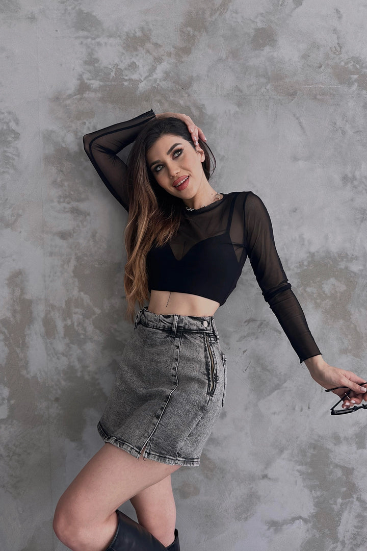 Anthracite Slit Detailed Denim Shorts Skirt BCDF-243309 - Mission