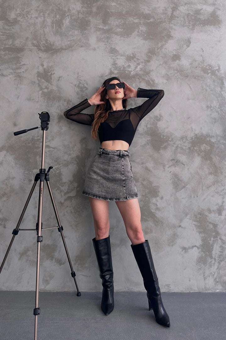 Anthracite Slit Detailed Denim Shorts Skirt BCDF-243309 - Mission