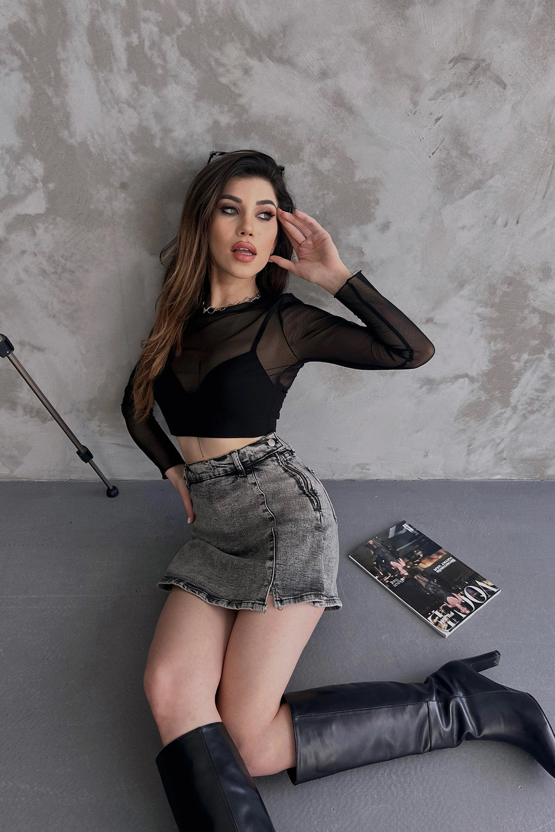 Anthracite Slit Detailed Denim Shorts Skirt BCDF-243309 - Mission