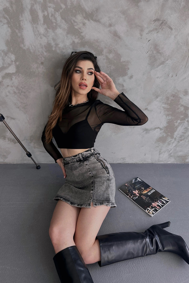 Anthracite Slit Detailed Denim Shorts Skirt BCDF-243309 - Mission