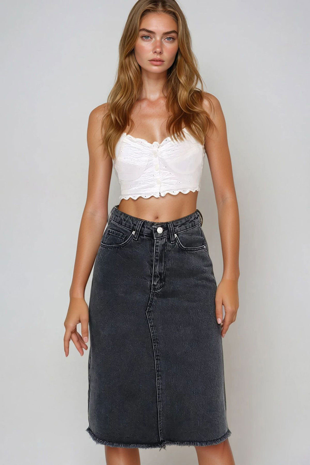 Anthracite High Waist 5 Pocket Midi Length Denim Skirt BCHNW-251181 - Media