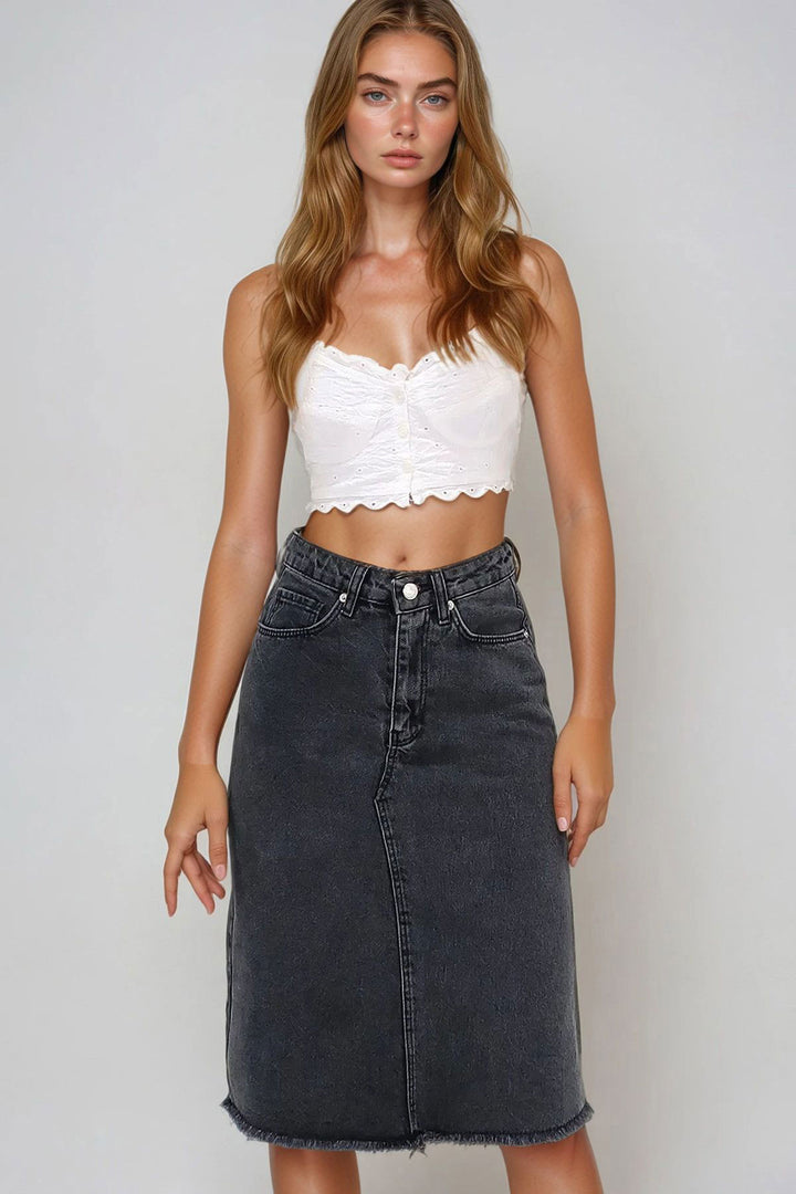 Anthracite High Waist 5 Pocket Midi Length Denim Skirt BCHNW-251181 - Media