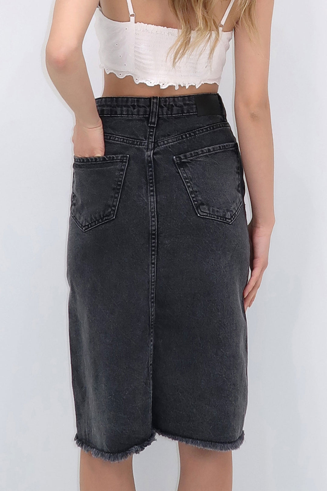 Anthracite High Waist 5 Pocket Midi Length Denim Skirt BCHNW-251181 - Media