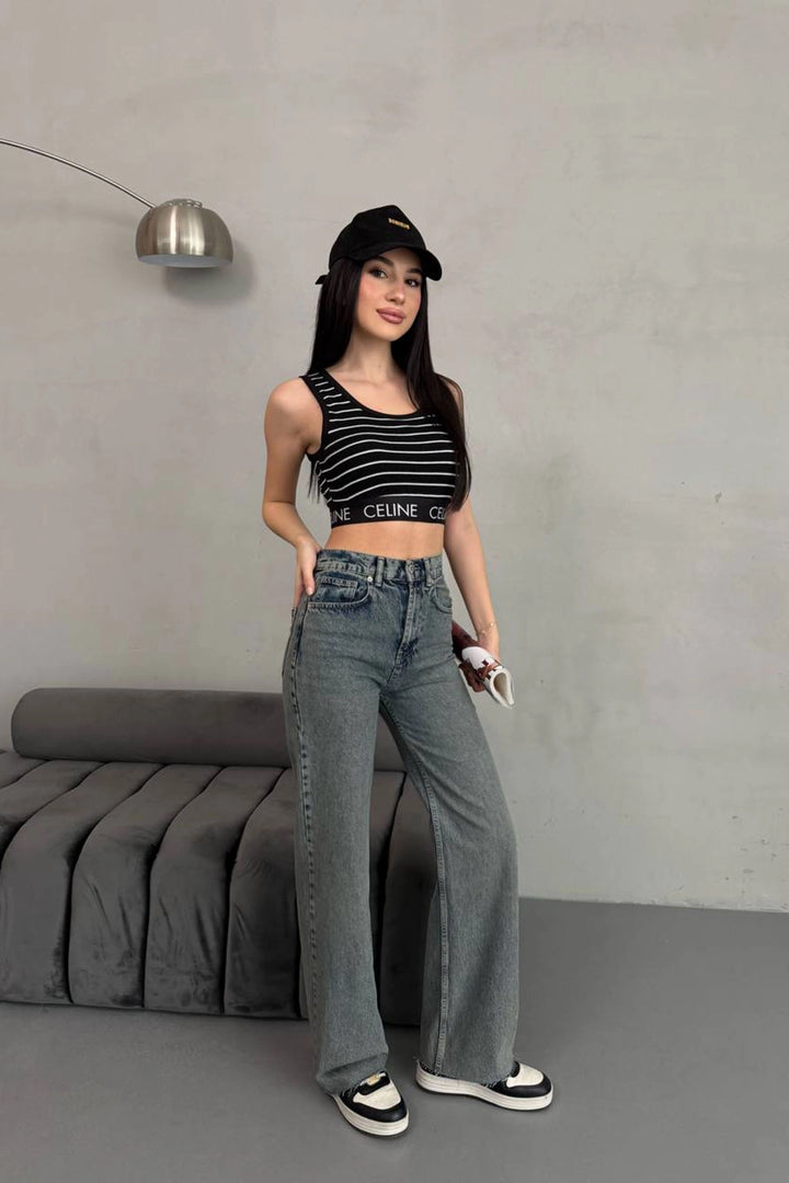 Anthracite High Waisted Laser Cut Palazzo Jeans BCNW-251424 - Coachella