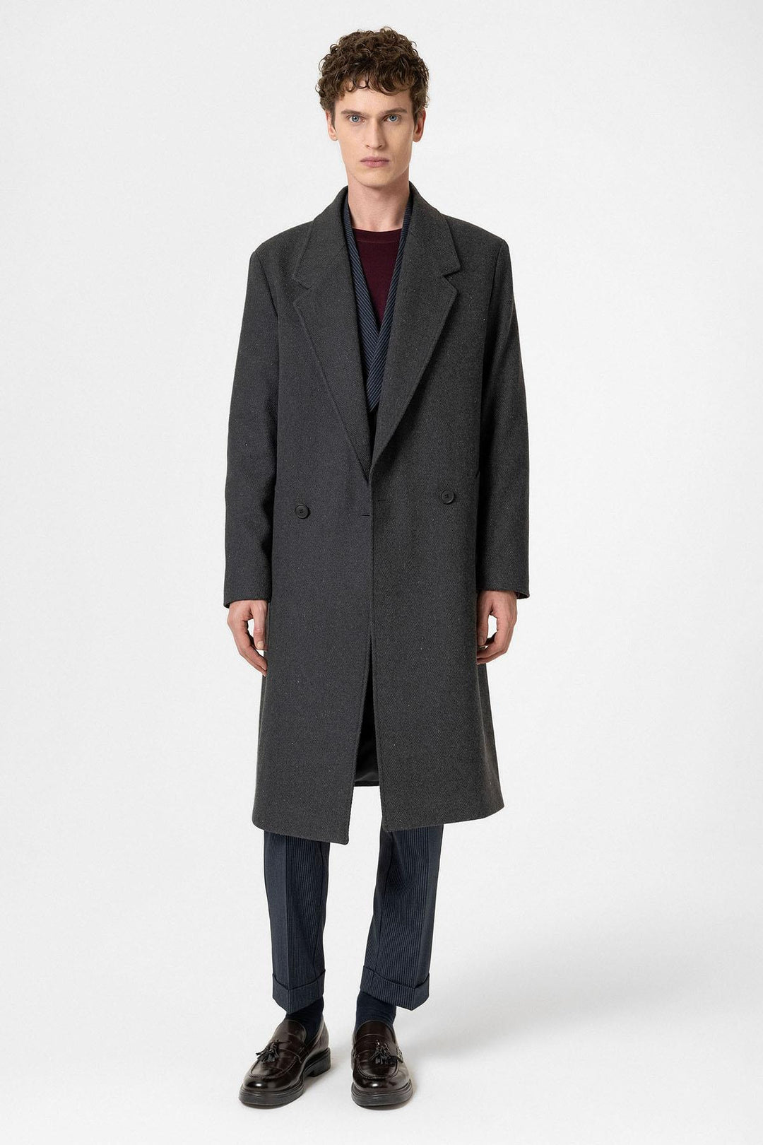 ANT Antioch Anthracite Wool Blend Herringbone Double-Breasted Men's Coat - La Ciotat