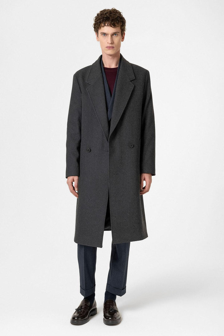 ANT Antioch Anthracite Wool Blend Herringbone Double-Breasted Men's Coat - La Ciotat