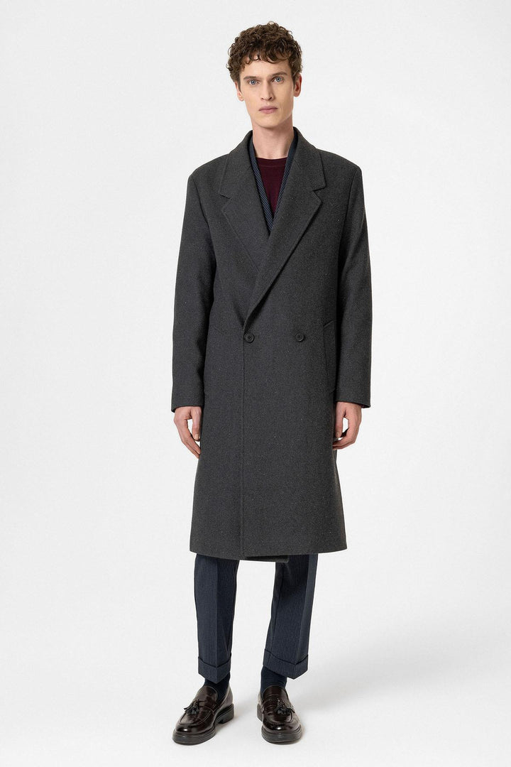ANT Antioch Anthracite Wool Blend Herringbone Double-Breasted Men's Coat - La Ciotat