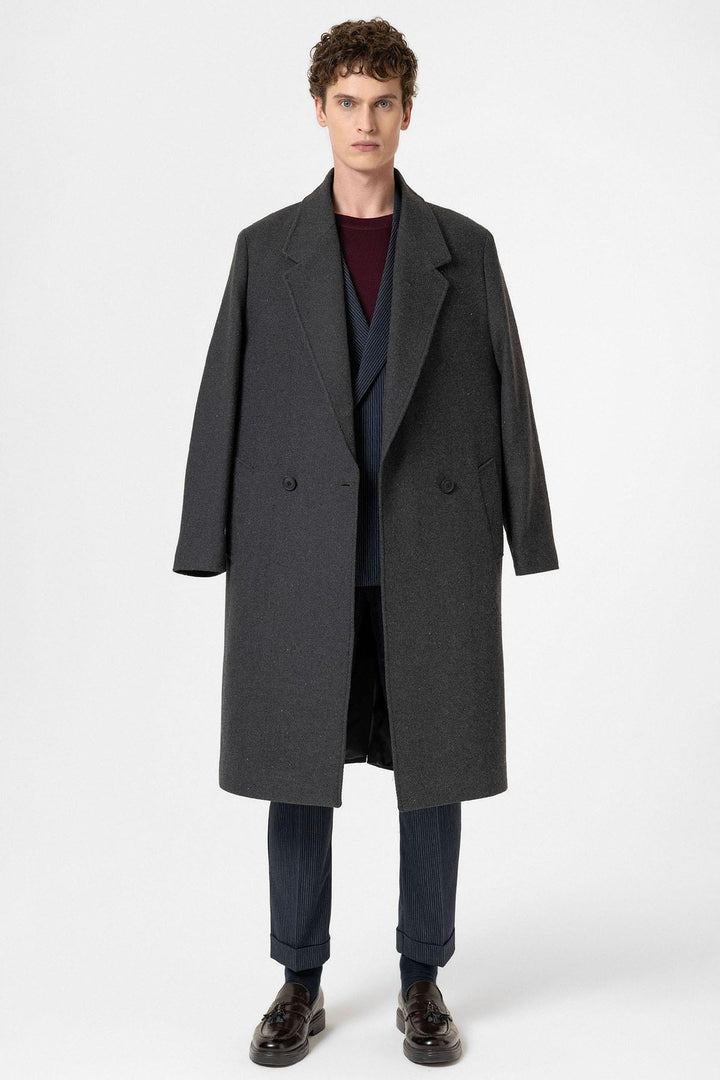 ANT Antioch Anthracite Wool Blend Herringbone Double-Breasted Men's Coat - La Ciotat