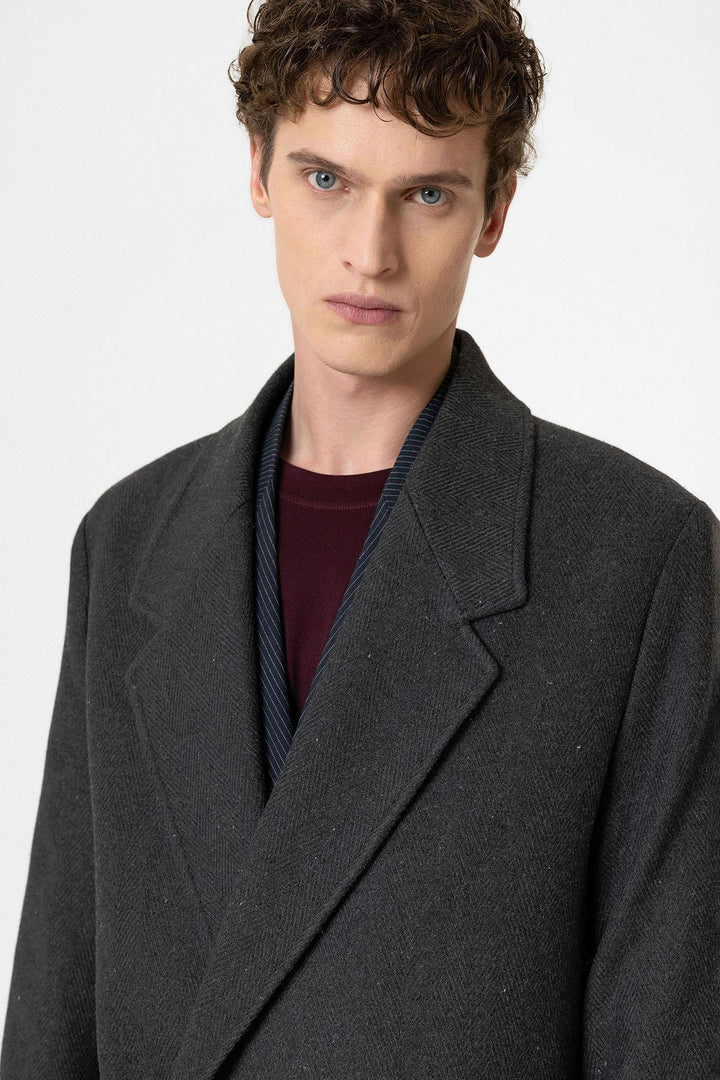 ANT Antioch Anthracite Wool Blend Herringbone Double-Breasted Men's Coat - La Ciotat