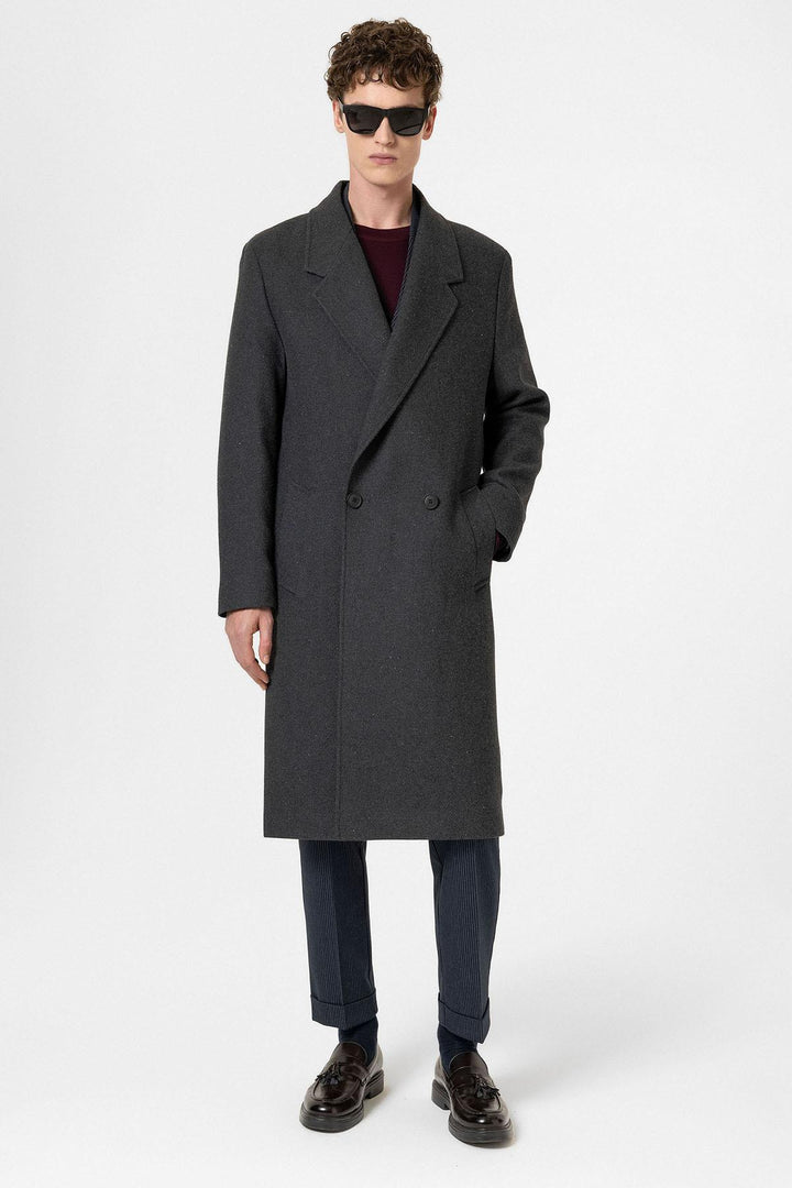 ANT Antioch Anthracite Wool Blend Herringbone Double-Breasted Men's Coat - La Ciotat
