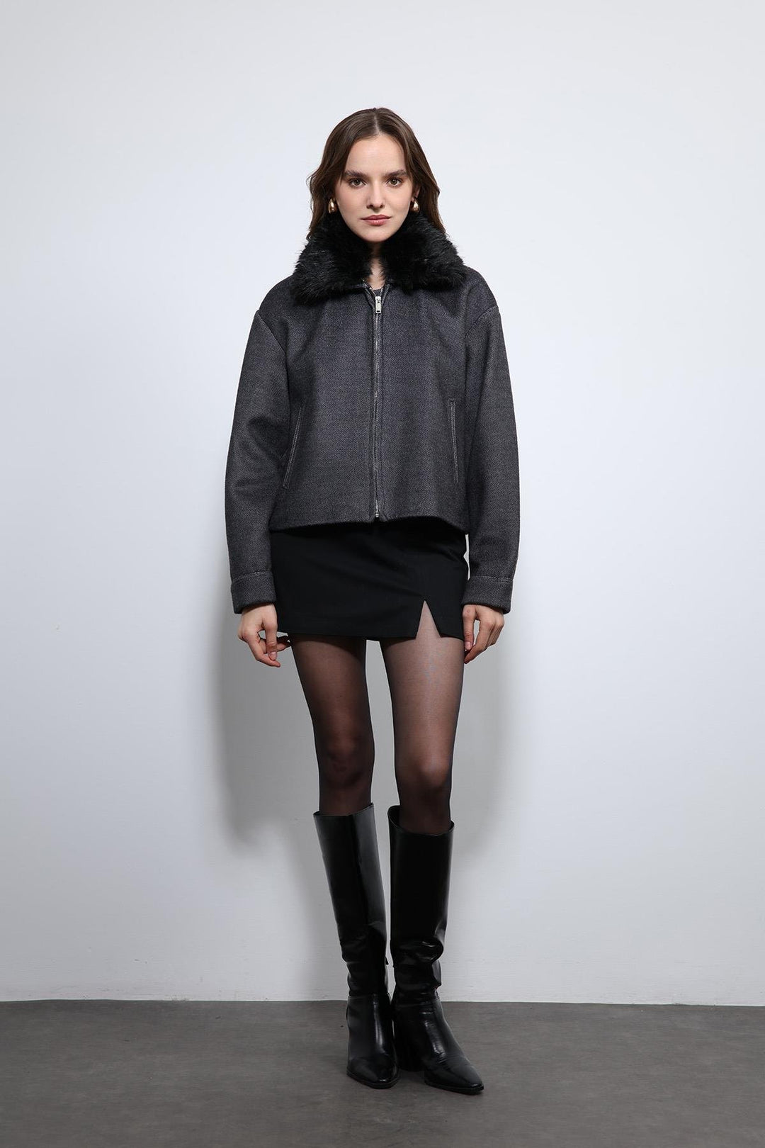 ANT Antioch Anthracite Wool Blend Faux Fur Collar Jacket - Podujevë