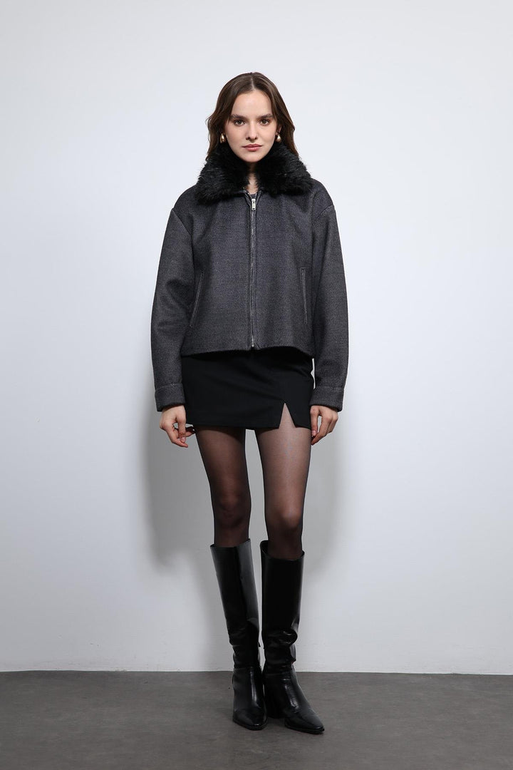 ANT Antioch Anthracite Wool Blend Faux Fur Collar Jacket - Podujevë