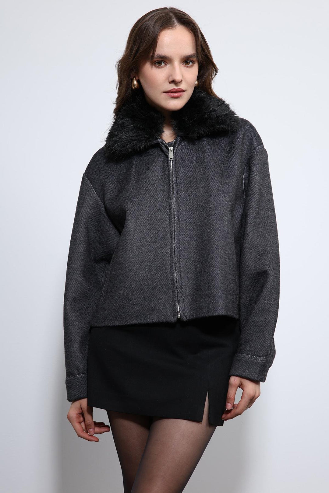 ANT Antioch Anthracite Wool Blend Faux Fur Collar Jacket - Podujevë