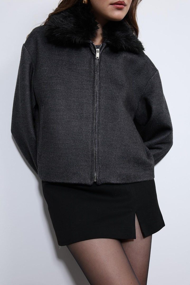 ANT Antioch Anthracite Wool Blend Faux Fur Collar Jacket - Podujevë