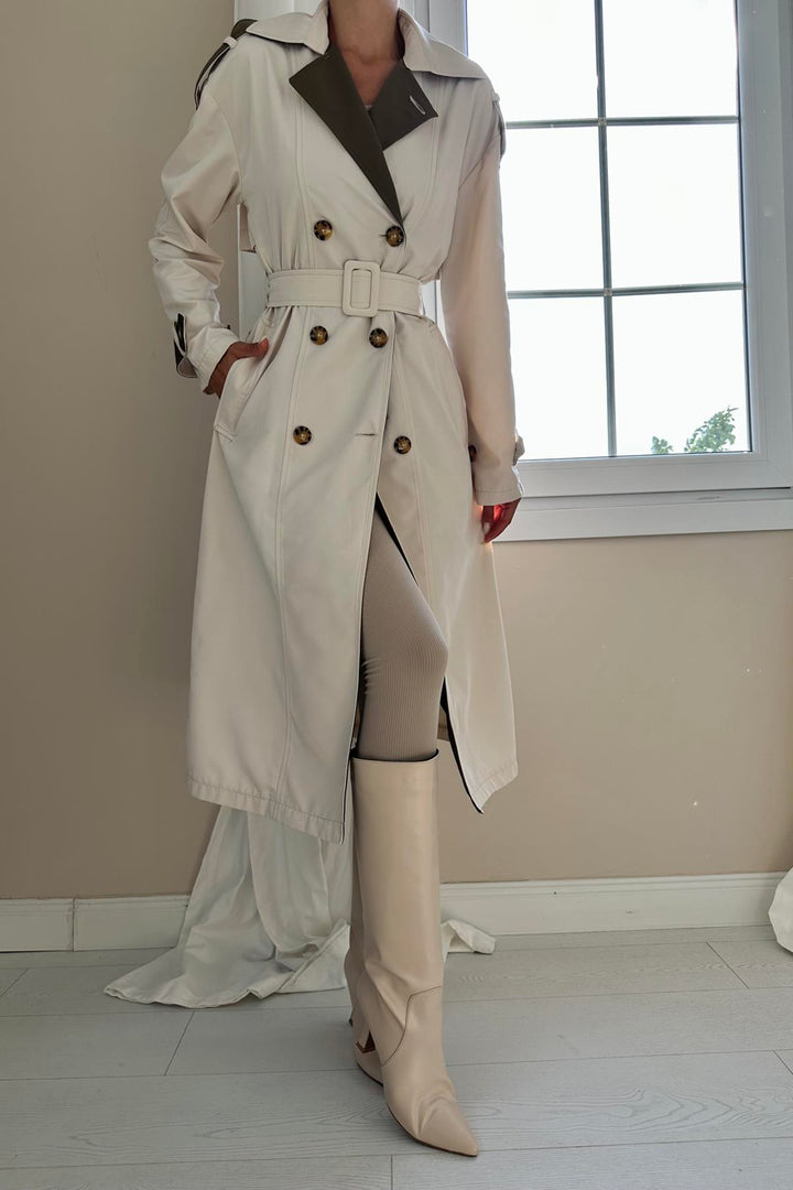 ELS Back Striped and Belted Trench Coat - Beige - Fairbanks