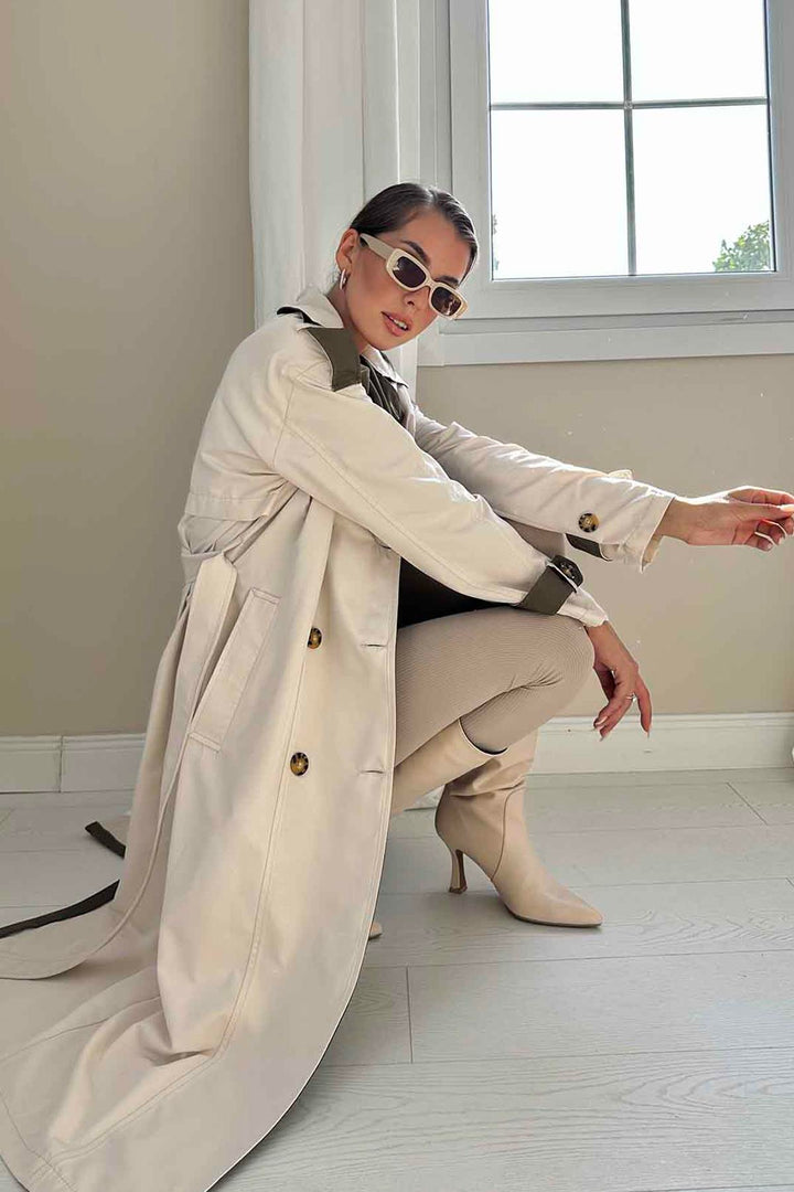ELS Back Striped and Belted Trench Coat - Beige - Fairbanks