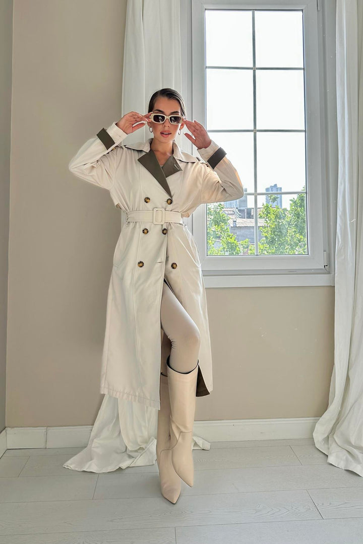 ELS Back Striped and Belted Trench Coat - Beige - Fairbanks