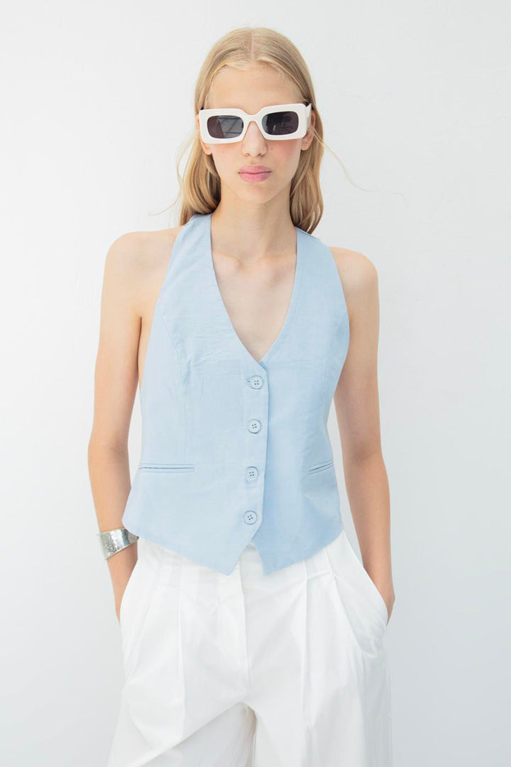 BSL Women Linen Vest with Cut-Out Detail on the Back - Acerra