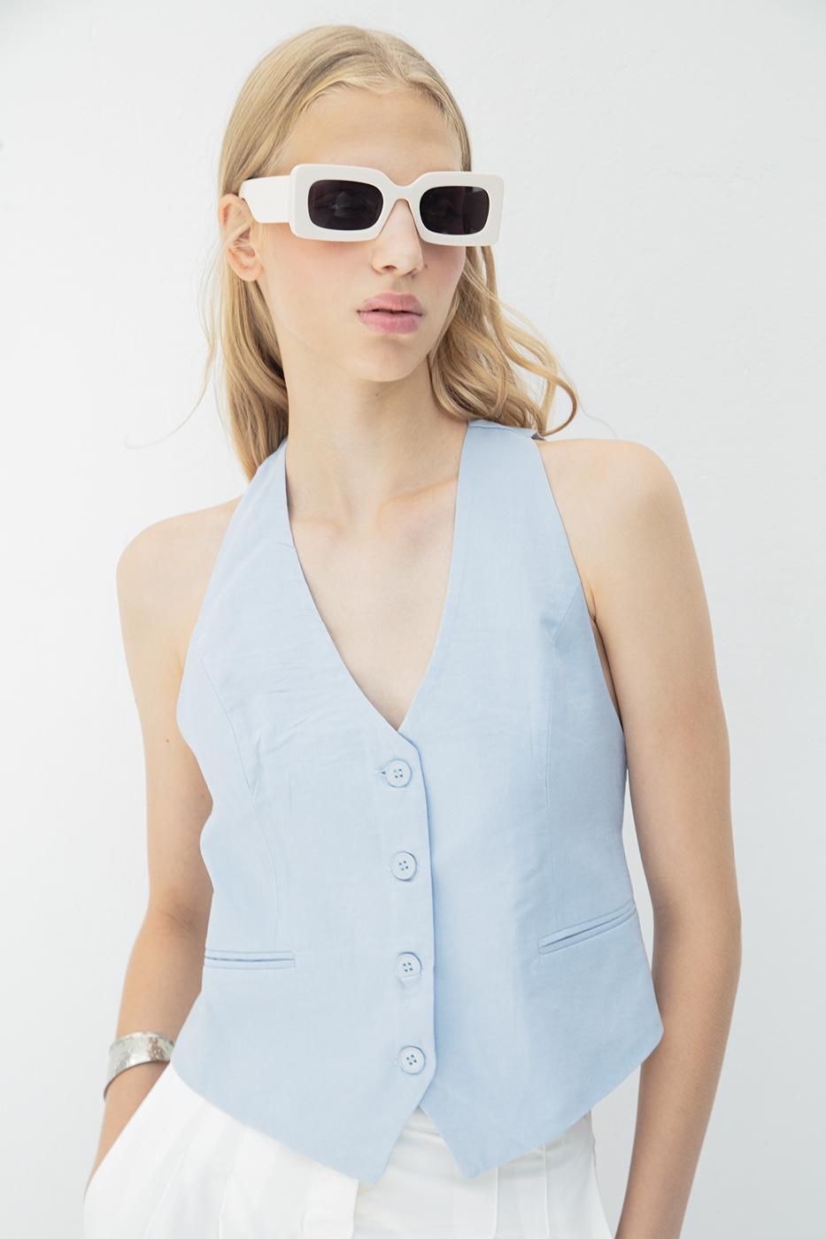 BSL Women Linen Vest with Cut-Out Detail on the Back - Acerra