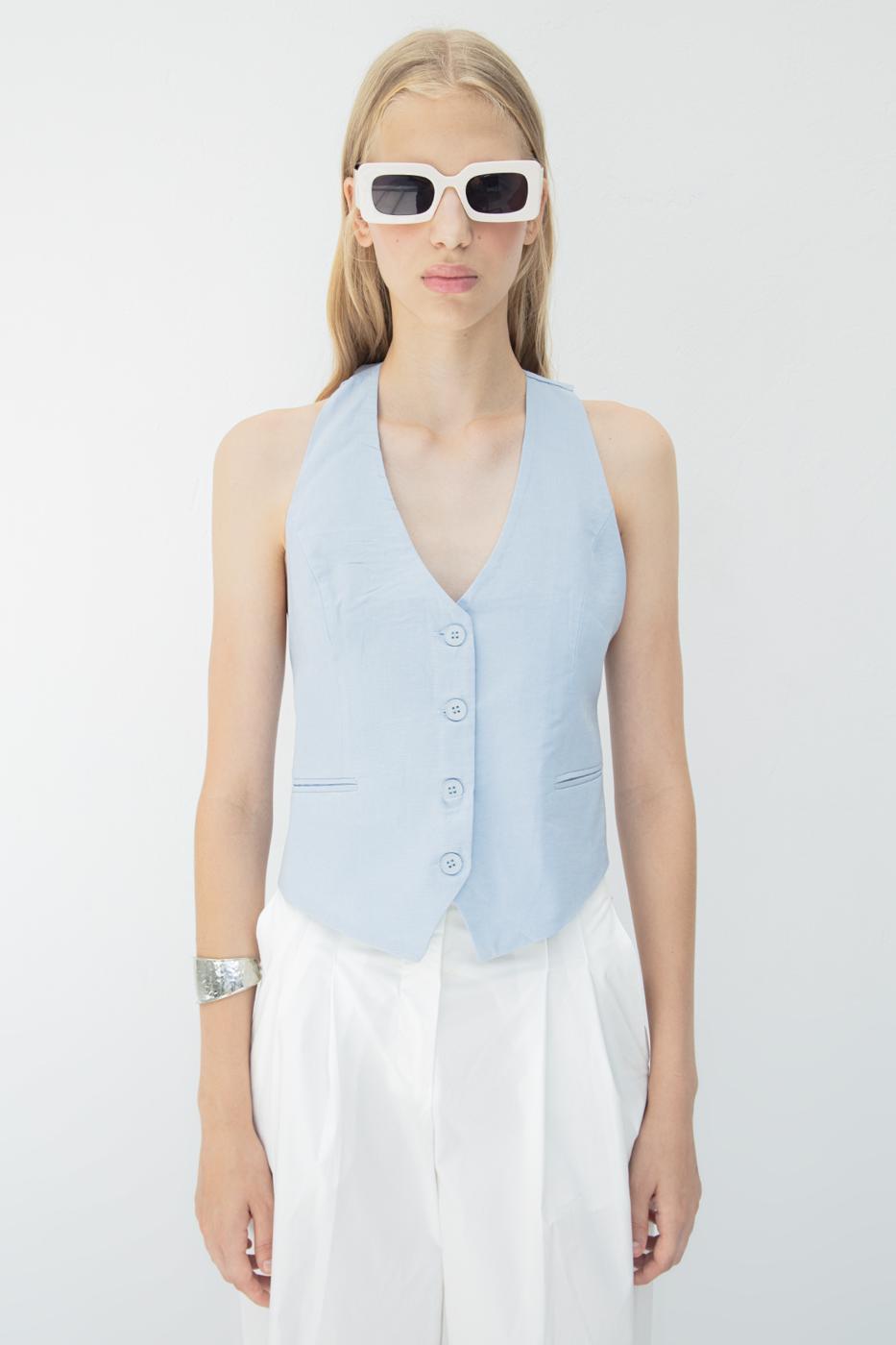 BSL Women Linen Vest with Cut-Out Detail on the Back - Acerra