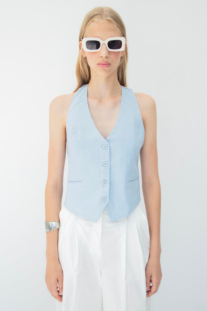 BSL Women Linen Vest with Cut-Out Detail on the Back - Acerra
