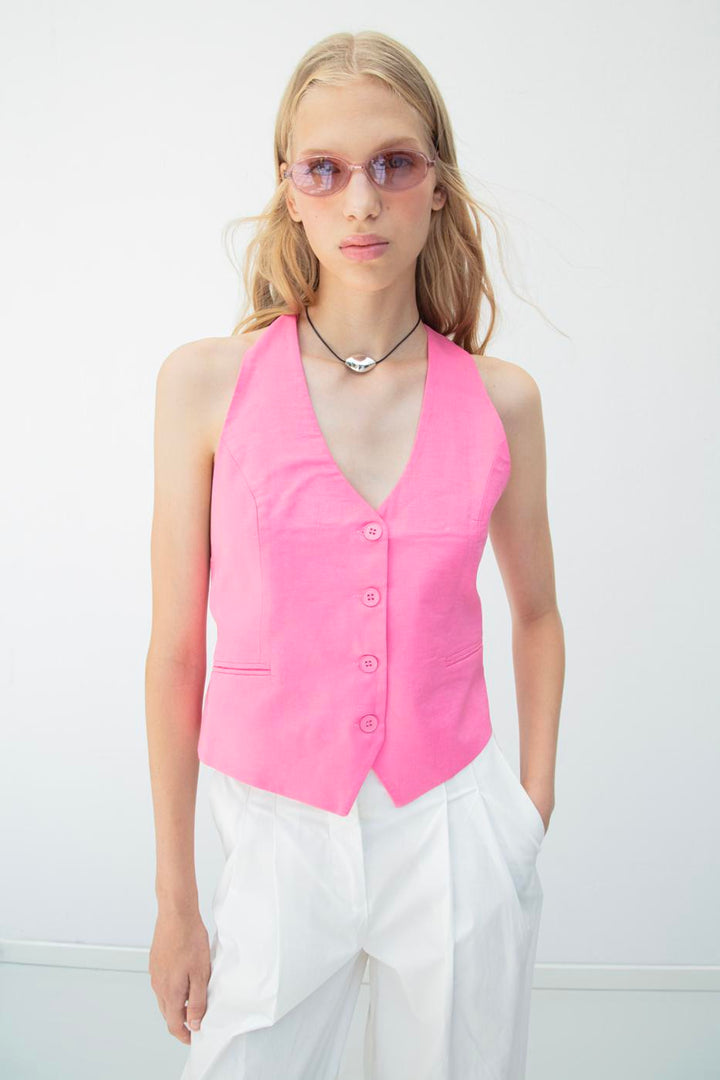 BSL Women Linen Vest with Cut-Out Detail on the Back - Franklin