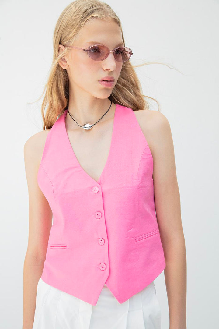 BSL Women Linen Vest with Cut-Out Detail on the Back - Franklin