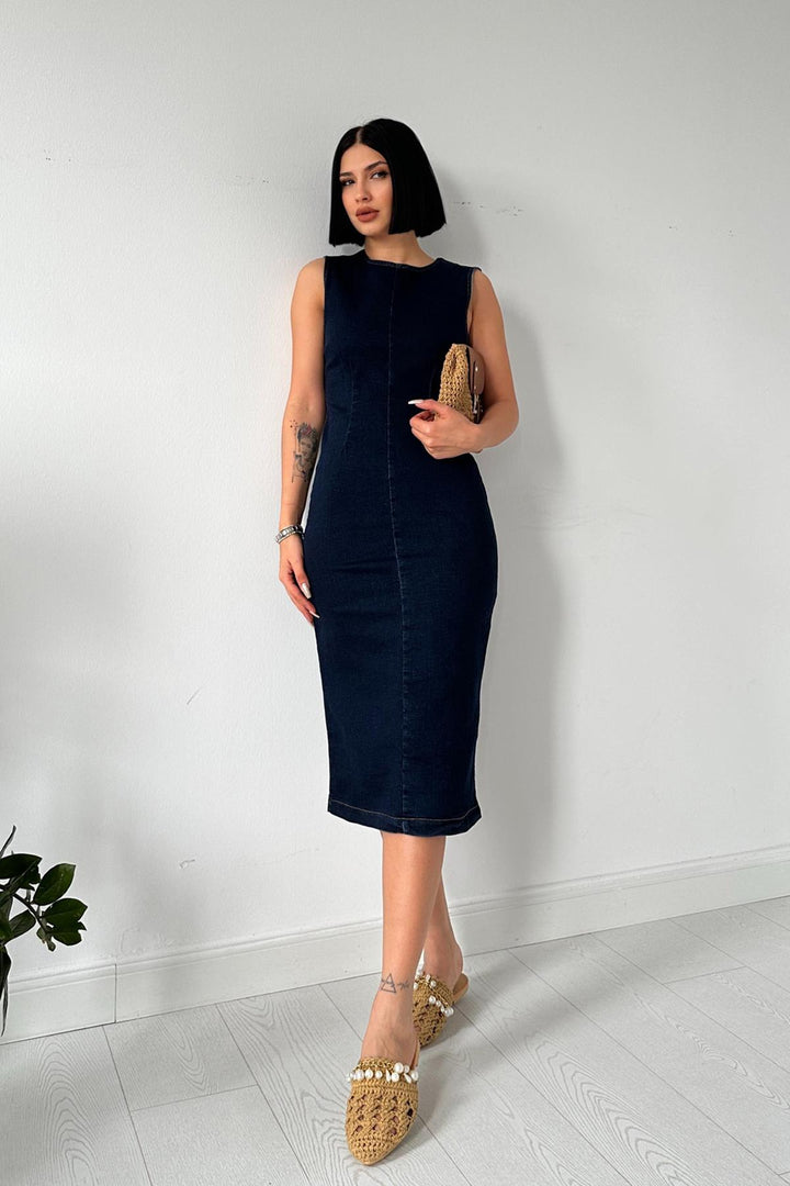 ELS Back Zipper Denim Dress - Navy Blue - Ecatepec