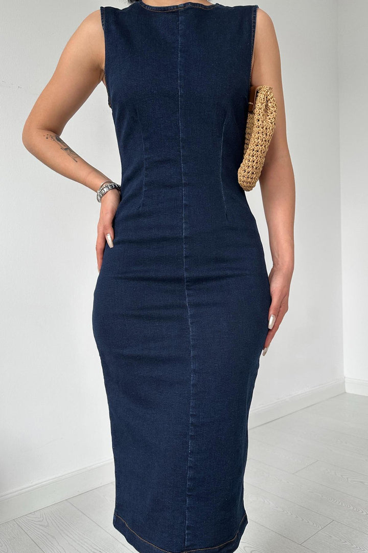 ELS Back Zipper Denim Dress - Navy Blue - Ecatepec